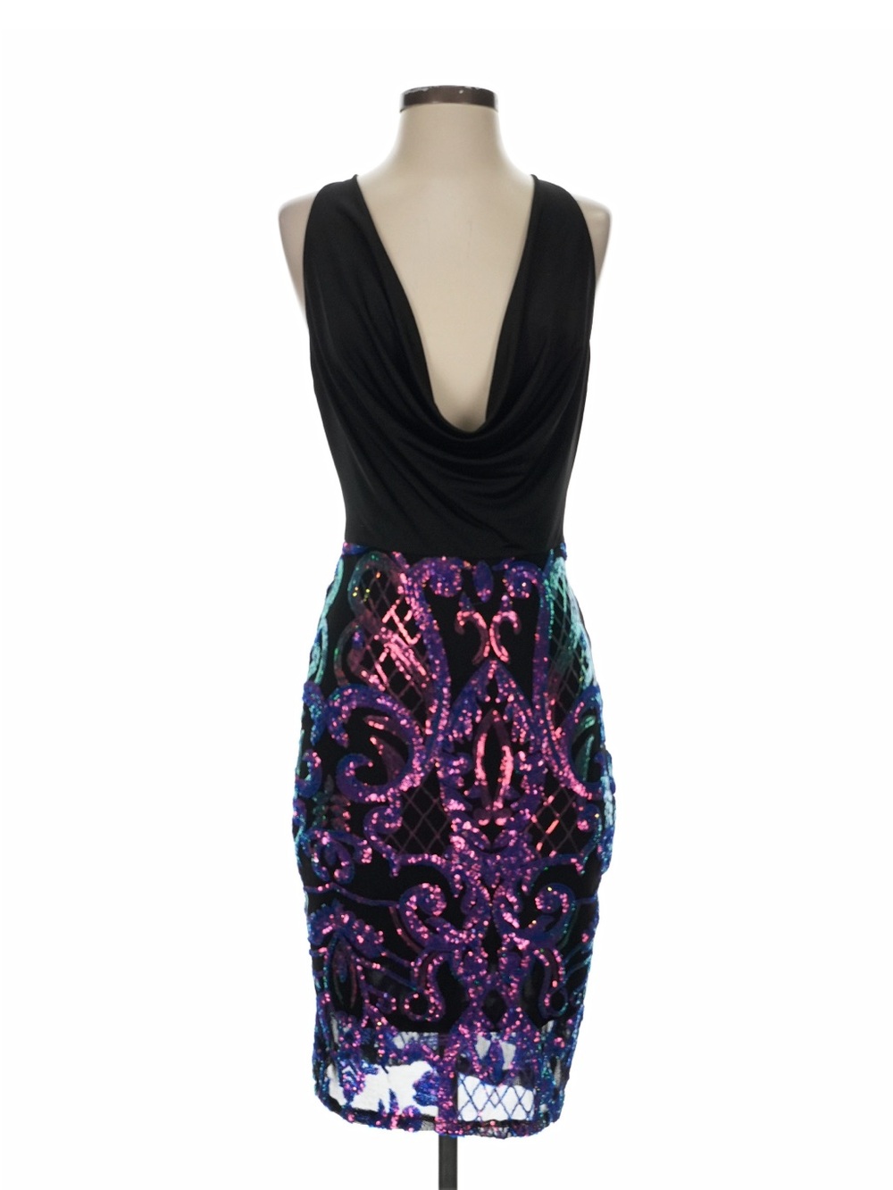 NWOT bebe Black Cowl Neck purple sequin Midi Dress small